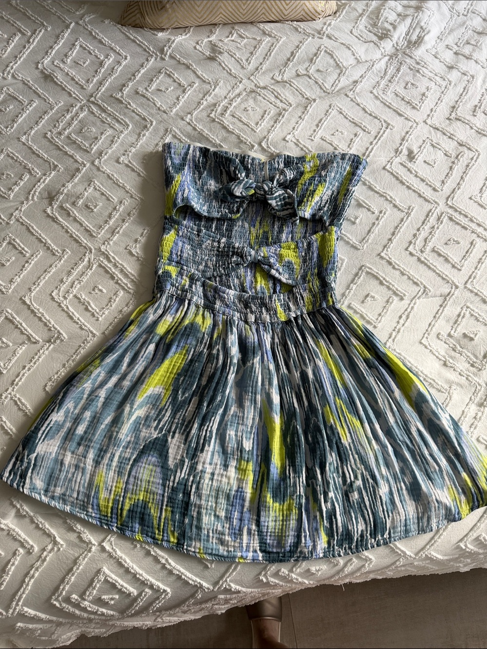 Anthropologie Strapless Dress in Blue, Yellow & White Abstract Print Sz M - NWOT